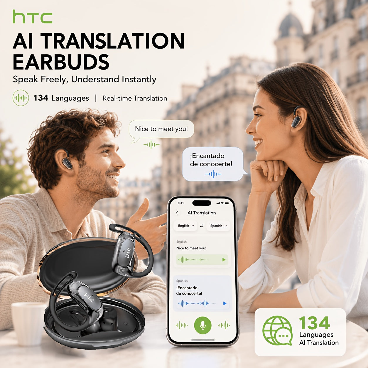 HTC NE35 AI Translation Earbuds – Open-Ear Wireless Headphones