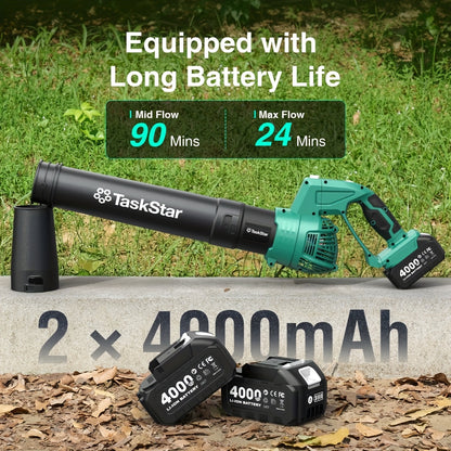 Cordless Leaf Blower 550 CFM with Rotating Head, 2 x 4.0Ah Batteries & Fast Charger,