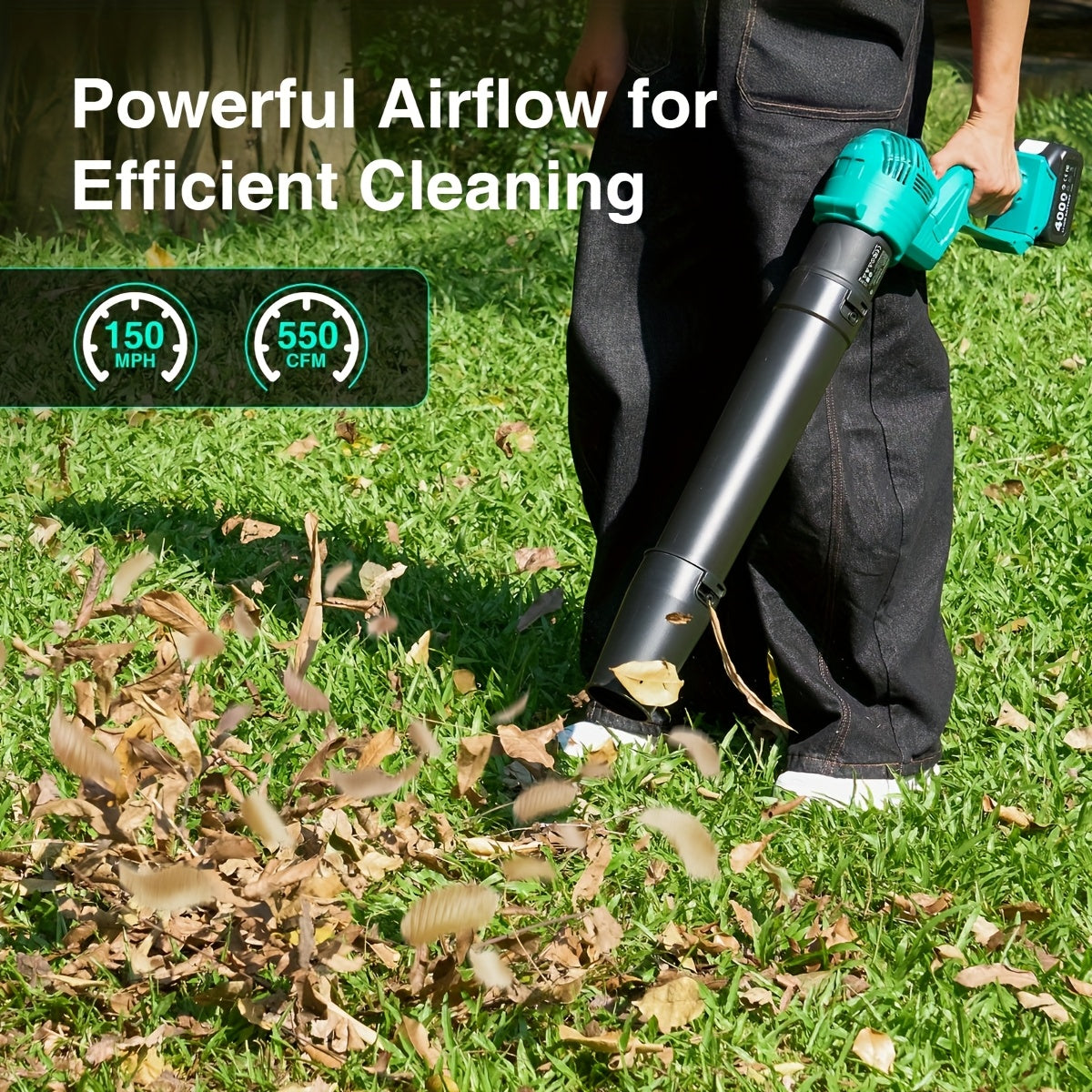 Cordless Leaf Blower 550 CFM with Rotating Head, 2 x 4.0Ah Batteries & Fast Charger,